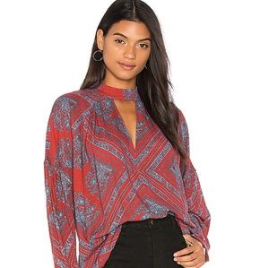 NEW Free People Red Scarf Print Keyhole Tunic XS
